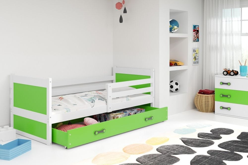 eoshop Detská posteľ Rico 1 90x200, s úložným priestorom - 1 osoba - Biela, Zelená